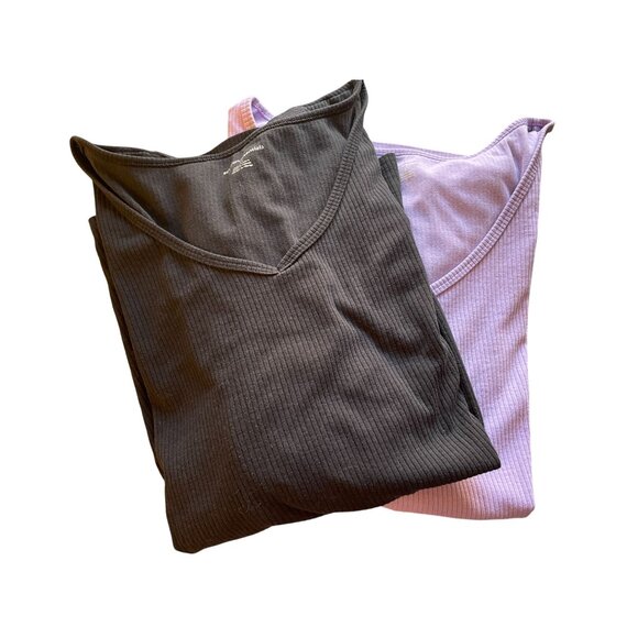 Women's Slim-Fit Long Sleeve Knit Rib V-Neck Shirts Pack of 2 black PURPLE - Picture 4 of 8